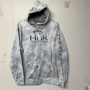 Huk Performance Fabrics Fishing Hoodie Pullover Gray Camo Men Size M GUC